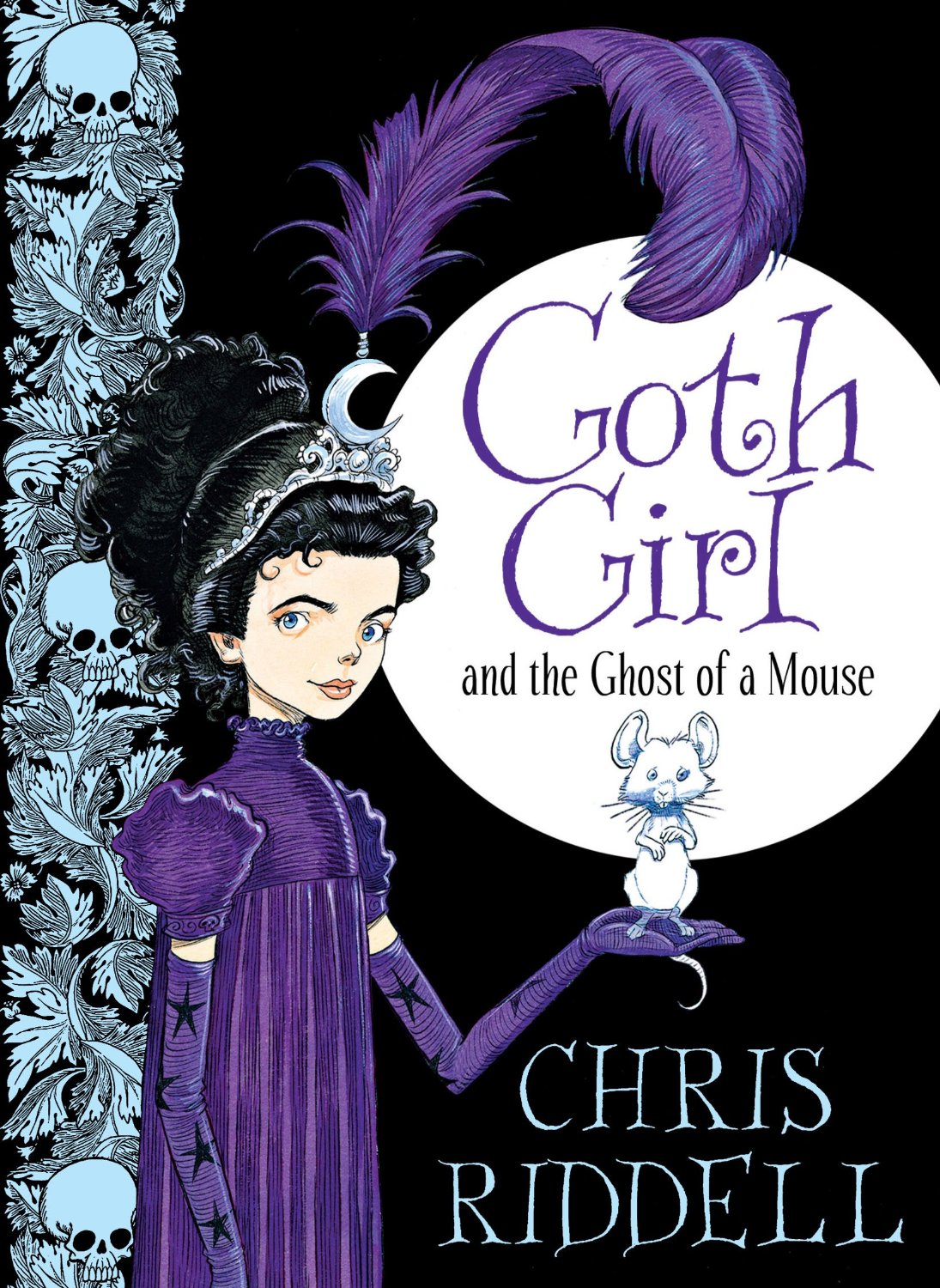 A girl in a purple Regency dress holds up a ghost mouse.